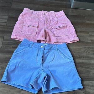 Pink Corduroy Pocket Shorts & Blue Cotton Shorts - Women's Set